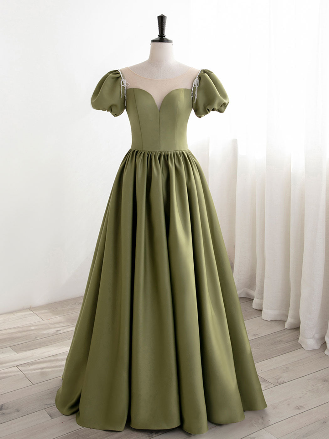 Yellow Prom Dress, Green Puff Sleeves Satin Long Prom Dress, Green Long Formal Dresses