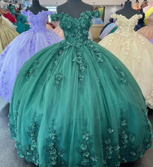 Bridesmaid Dress Styles, Green Quinceanera Dresses 3D Flower Applique Vestidos De 15 Anos