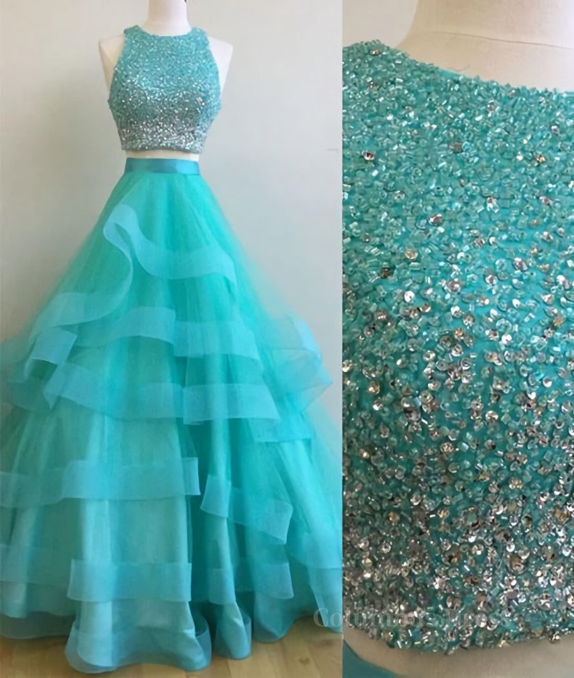 Bridesmaid Dresses Spring, Green Round Neck 2 Pieces Beaded Sequins Tulle Long Prom Dress, Green 2 Pieces Formal Dress, Green Evening Dress