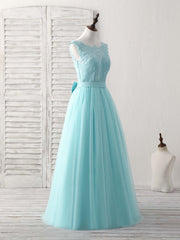 Party Dressed Short, Green Round Neck Lace Tulle Long Prom Dress, Evening Dress