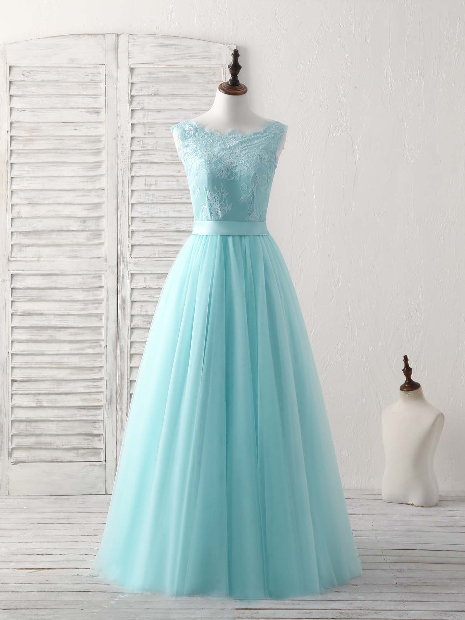Party Dress Vintage, Green Round Neck Lace Tulle Long Prom Dress, Evening Dress