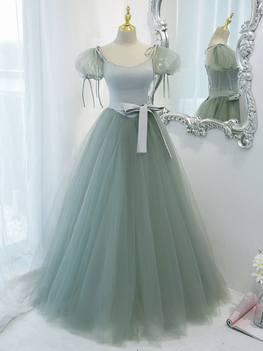 Formal Dresses Shops, Green Round Neck Tulle Long Prom Dress, Green Evening Dress