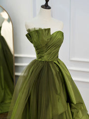 Party Dresses Long Dress, Green Ruffle Tiered Prom Dresses Strapless, Green Long Party Dress