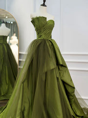 Party Dress Short, Green Ruffle Tiered Prom Dresses Strapless, Green Long Party Dress
