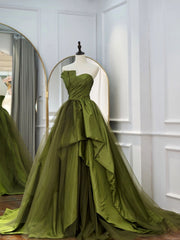 Party Dress Fashion, Green Ruffle Tiered Prom Dresses Strapless, Green Long Party Dress