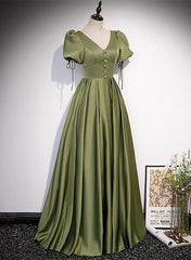 Stylish Outfit, Green Satin A-line Puffy Sleeves A-line Prom Dress, V-neck Simple Long Formal Party Gown