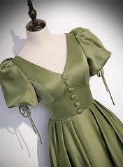 Party Dress Ideas For Curvy Figure, Green Satin A-line Puffy Sleeves A-line Prom Dress, V-neck Simple Long Formal Party Gown