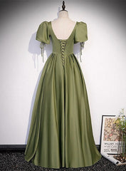 Black Dress Outfit, Green Satin A-line Puffy Sleeves A-line Prom Dress, V-neck Simple Long Formal Party Gown