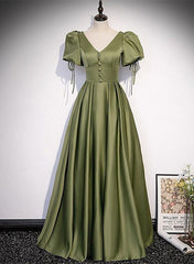Party Dress Afternoon Tea, Green Satin A-line Puffy Sleeves A-line Prom Dress, V-neck Simple Long Formal Party Gown