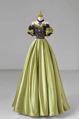 Bridesmaid Dresses Website, Green Satin Floor Length Prom Dress with Lace, Green Evening Party Dress