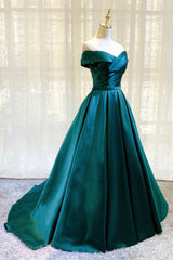 Prom Dresses 2019, Green Satin Long A-Line Prom Dress, Simple Off the Shoulder Evening Dress