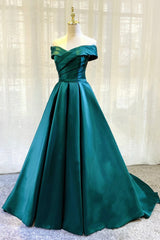 Prom Dresses 2023, Green Satin Long A-Line Prom Dress, Simple Off the Shoulder Evening Dress