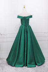 Homecomeing Dresses Short, Green Satin Long A-Line Prom Dress, V-Neck Off the Shoulder Evening Dress