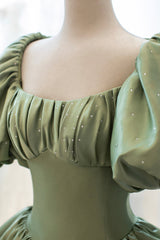 Party Dress Formal, Green Satin Puff Sleeves Long Prom Dress, Green A-Line Formal Dress