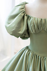 Party Dress Shops Near Me, Green Satin Puff Sleeves Long Prom Dress, Green A-Line Formal Dress