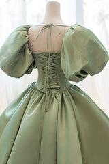 Party Dress Shop Near Me, Green Satin Puff Sleeves Long Prom Dress, Green A-Line Formal Dress