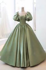 Party Dresses Formal, Green Satin Puff Sleeves Long Prom Dress, Green A-Line Formal Dress