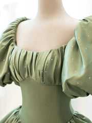 Bridesmaid Dressed Blush, Green Satin Puffy Sleeves Long Formal Dress, Green Satin Prom Dress Party Dress