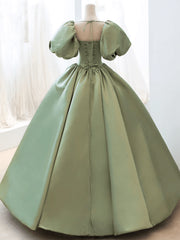 Bridesmaid Dress Blush, Green Satin Puffy Sleeves Long Formal Dress, Green Satin Prom Dress Party Dress