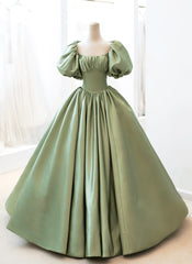 Bridesmaid Dress Blushes, Green Satin Puffy Sleeves Long Formal Dress, Green Satin Prom Dress Party Dress