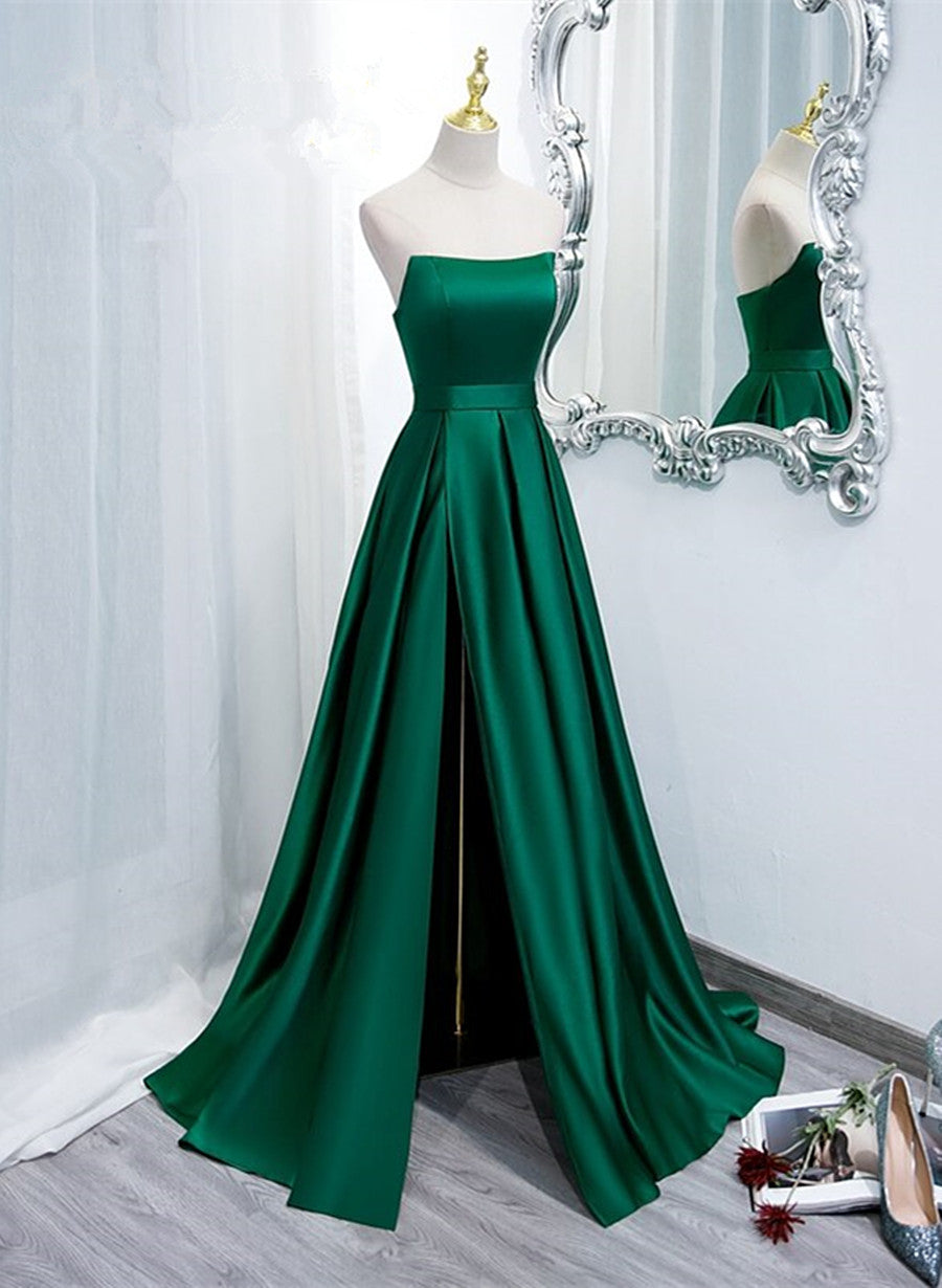 Formal Dresses Elegant, Green Satin Simple Long Party Dress with Leg Slit, Green A-ine Junior Prom Dress