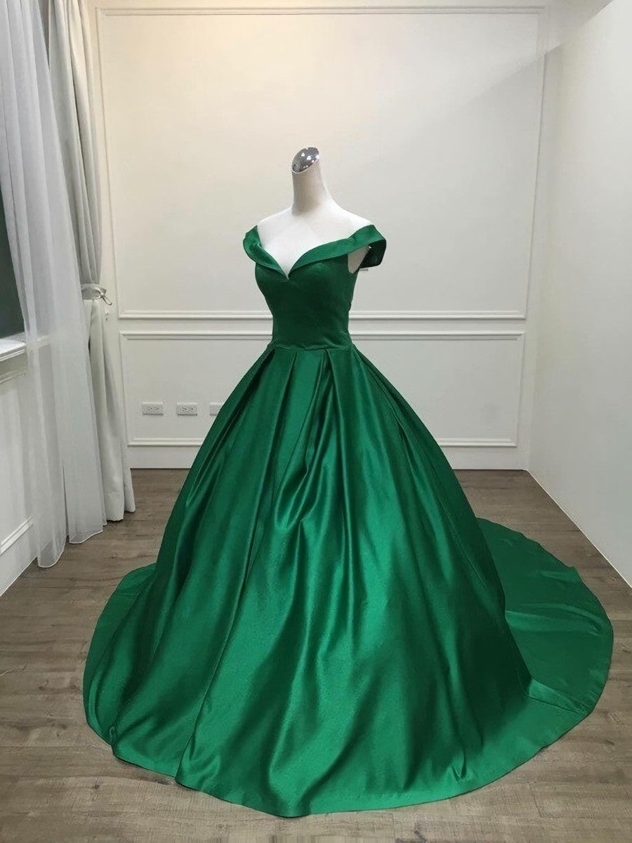 Bridesmaid Dress Red, Green Satin Sweetheart Ball Gown Party Dress, Green Off Shoulder Evening Dress Prom Dress