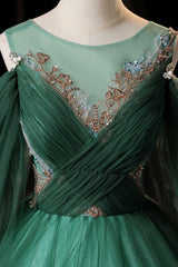 Prom Dresses 2033 Cheap, Green Scoop Neckline Tulle Formal Evening Dress, A-Line Long Sleeve Prom Dress