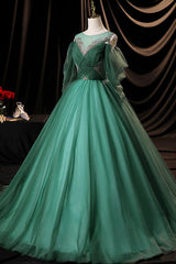 Prom Dress Sleeve, Green Scoop Neckline Tulle Formal Evening Dress, A-Line Long Sleeve Prom Dress