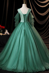 Prom Dresses Sleeves, Green Scoop Neckline Tulle Formal Evening Dress, A-Line Long Sleeve Prom Dress