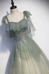 Bridesmaid Dresses Summer, Green Shiny Tulle Long Formal Evening Dress, A-Line Graduation Dress