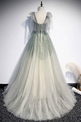 Bridesmaid Dresses Green, Green Shiny Tulle Long Formal Evening Dress, A-Line Graduation Dress