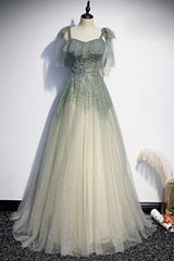 Bridesmaid Dresses Gowns, Green Shiny Tulle Long Formal Evening Dress, A-Line Graduation Dress