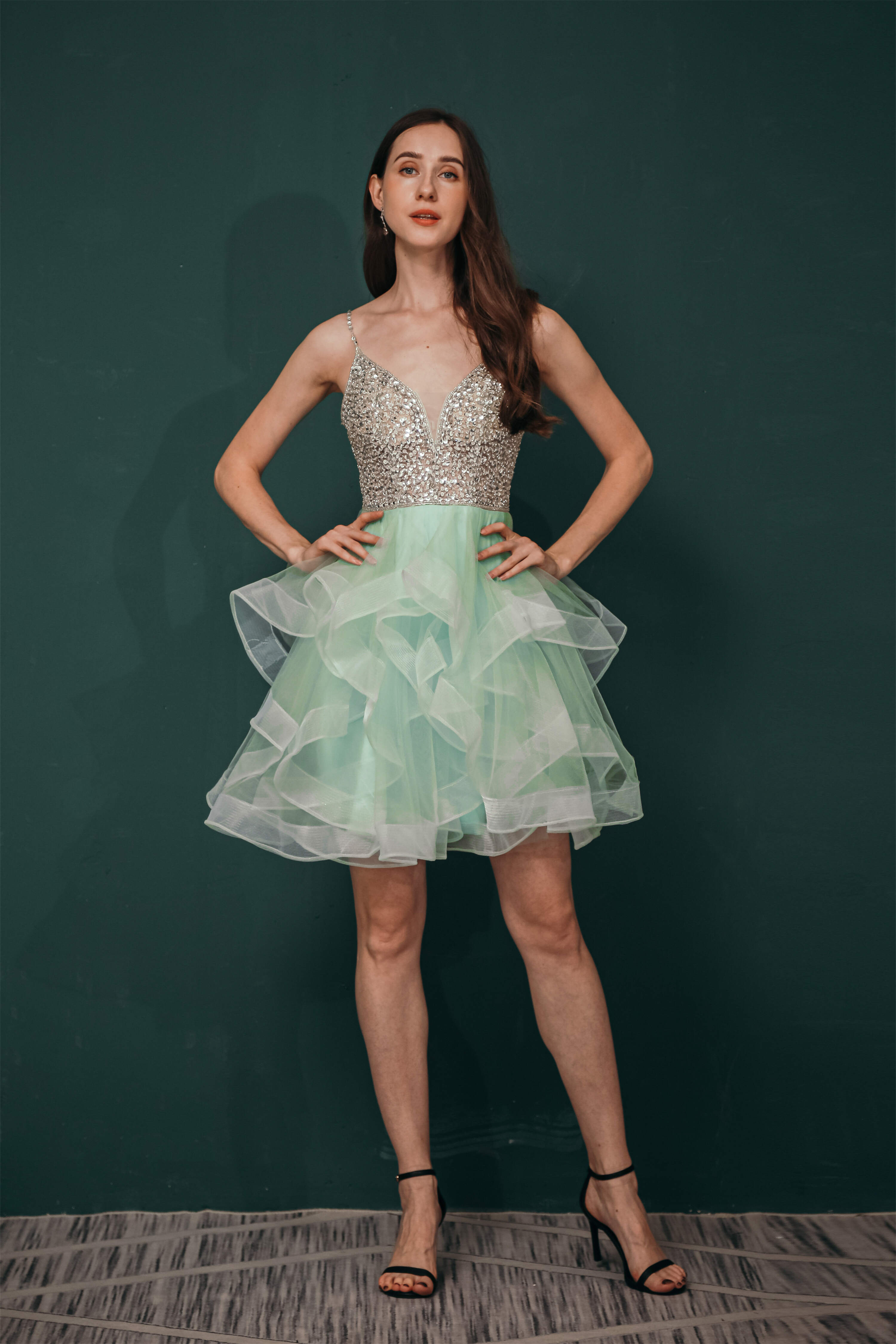 Party Dresses In Store, Short A-Line V Neck Tiered Shiny Beads Crystal Homecoming Dresses