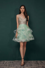 Party Dresses 2049, Short A-Line V Neck Tiered Shiny Beads Crystal Homecoming Dresses