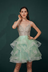 Party Dress Cheap, Short A-Line V Neck Tiered Shiny Beads Crystal Homecoming Dresses