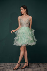 Party Dress Online, Short A-Line V Neck Tiered Shiny Beads Crystal Homecoming Dresses