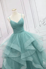 Bridesmaids Dresses Long Sleeve, Green Spaghetti Strap Long Prom Dress, Green V-Neck Tulle Evening Dress