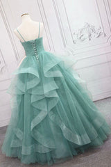 Wedding Invitations, Green Spaghetti Strap Long Prom Dress, Green V-Neck Tulle Evening Dress