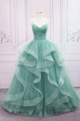 Bridesmaids Dresses Long Sleeves, Green Spaghetti Strap Long Prom Dress, Green V-Neck Tulle Evening Dress