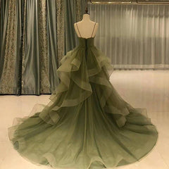 Cocktail Dress Prom, Green Straps Sweetheart Tulle Long Evening Dress, Green Layers Tulle Prom Dress