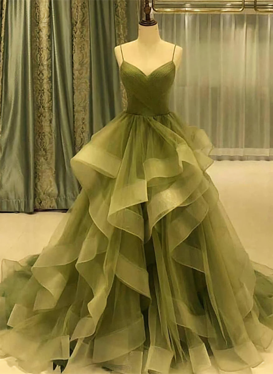 Strapless Dress, Green Straps Sweetheart Tulle Long Evening Dress, Green Layers Tulle Prom Dress