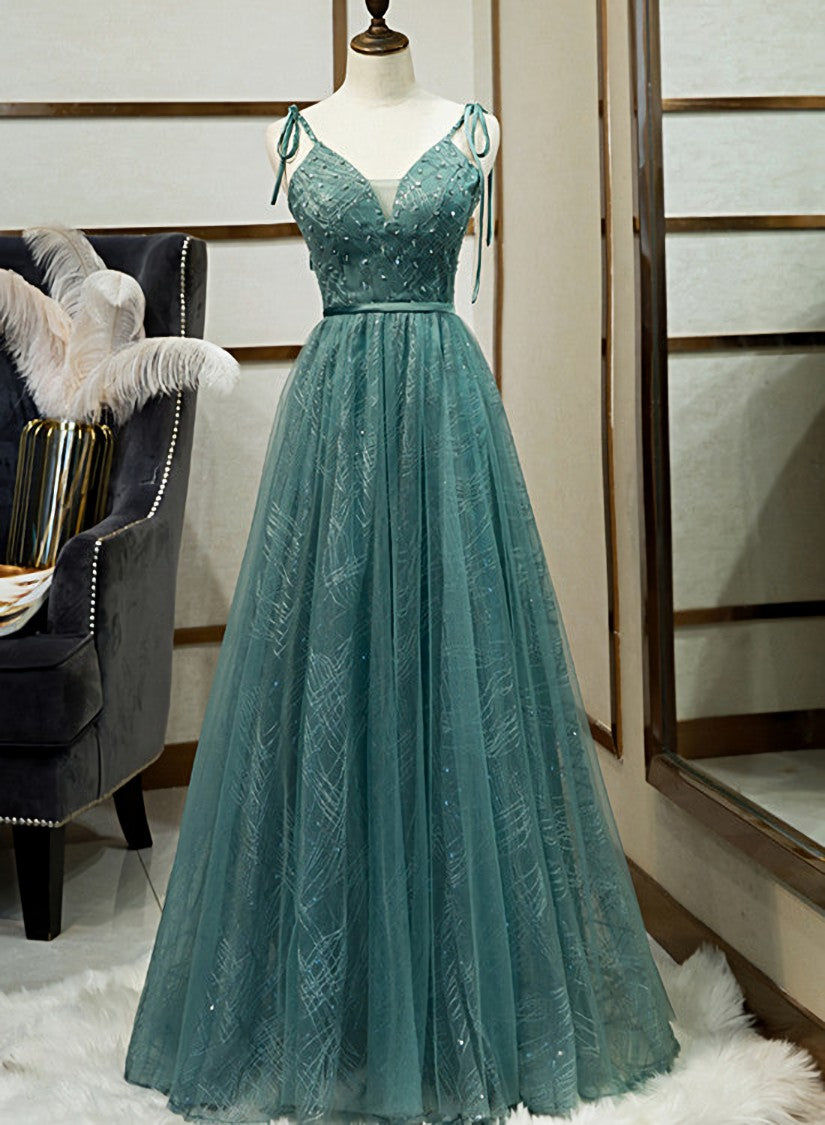 Prom Dress Off The Shoulder, Green Straps V-neckline Floor Length Party Dress, Simple Junior Prom Dresses