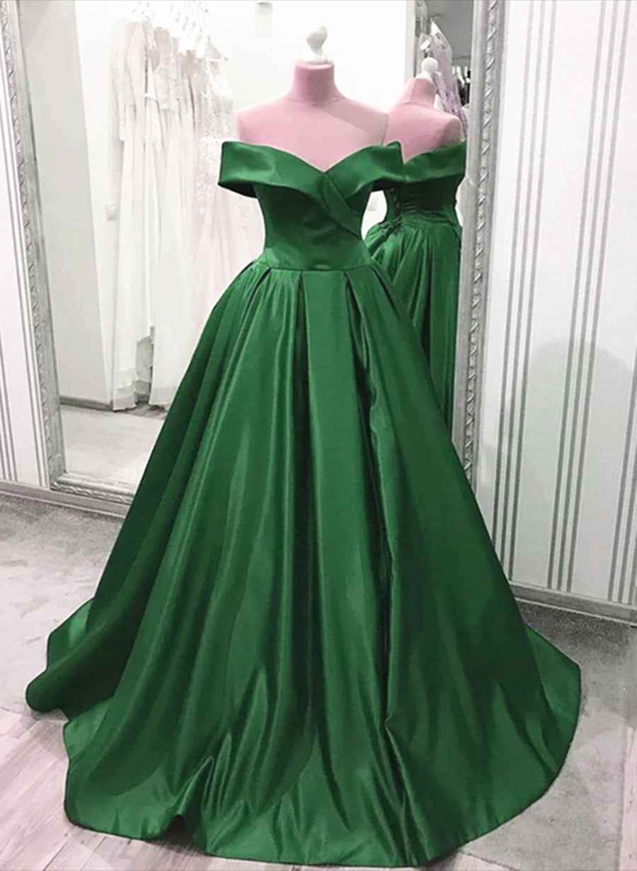 Party Dress For Girls, Green Sweetheart A-line Satin Floor Length Prom Dress, Green Evening Dress