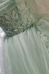 Party Dresses In Store, Green Sweetheart Beaded Tulle Long Prom Dress, Green Evening Dress