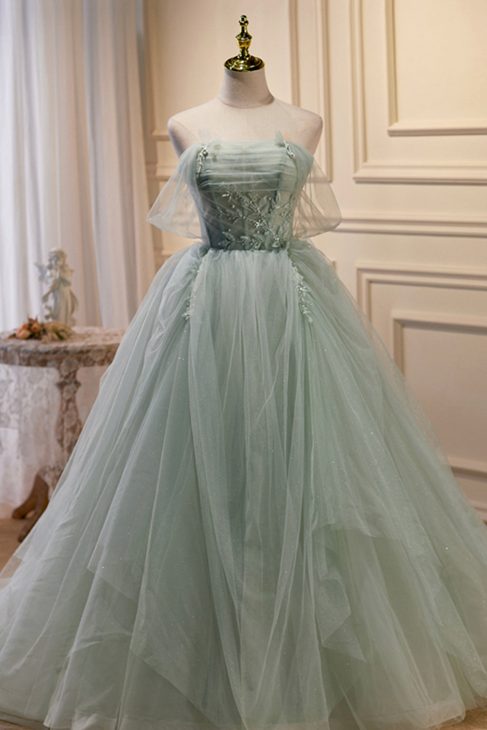 Party Dress On Line, Green Sweetheart Beaded Tulle Long Prom Dress, Green Evening Dress