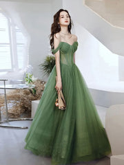Formal Dress Homecoming, Green Sweetheart Neck Tulle Long Prom Dress, Green Evening Dress