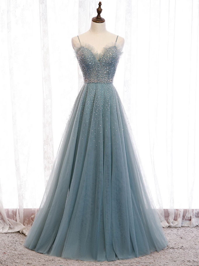 Evening Dress Online, Green Sweetheart Neck Tulle Sequin Long Prom Dress Green Evening Dress