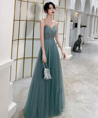 Prom Dress Princesses, Green Sweetheart Neck Tulle Sequin Long Prom Dress, Tulle Graduation Dress