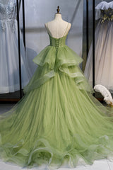 Party Dress Long, Green Sweetheart Tulle Long Prom Dress, A-Line Evening Graduation Dress