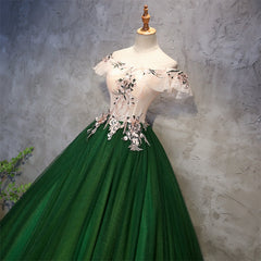 Prom Dress Fairy, Green Tulle Ball Gown with Lace Off Shoulder Sweet 16 Dress, Ball Gown Party Dress Formal Dress